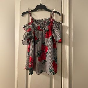 Black and white striped blouse with red roses Brand: indulge  sz large